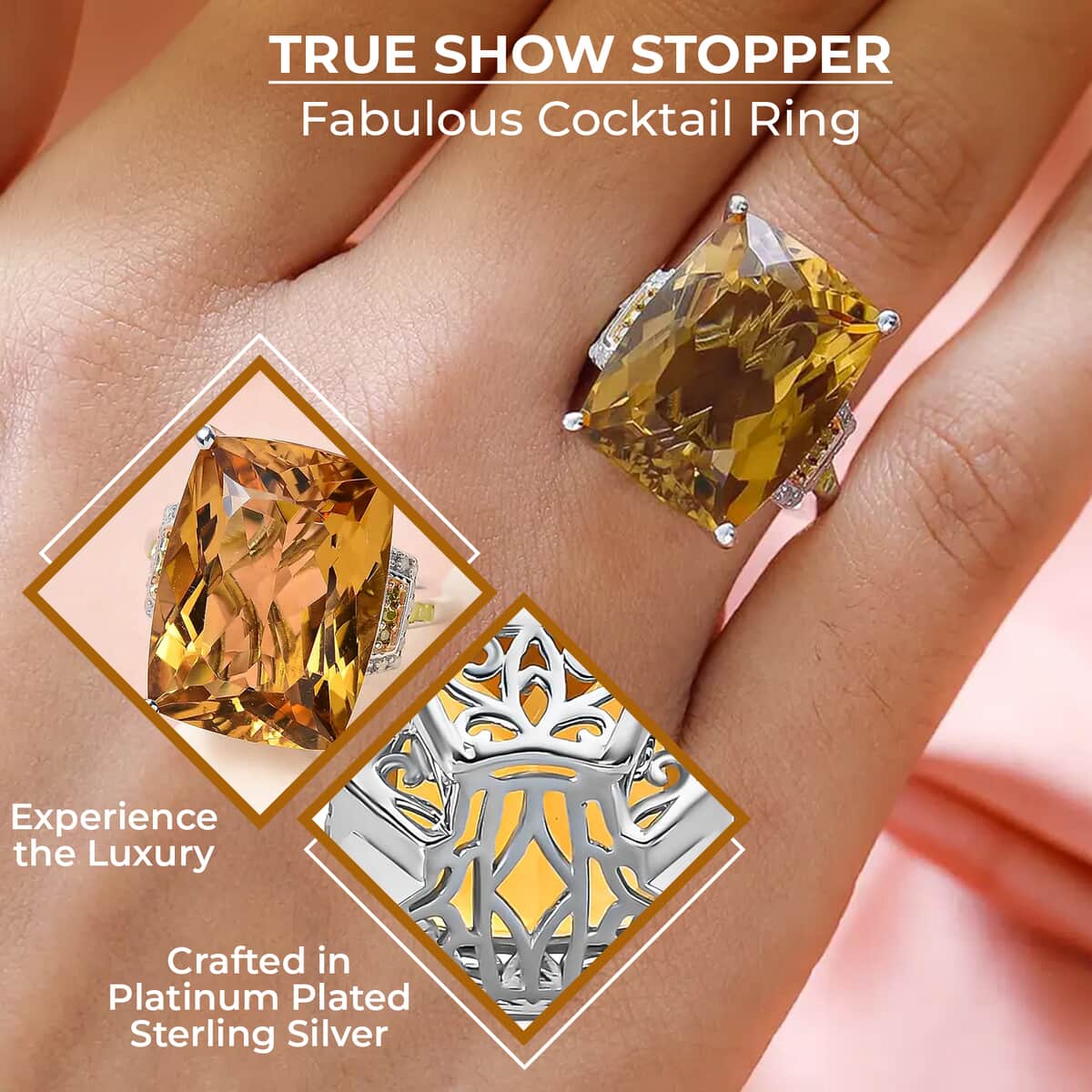 Brazilian Citrine, Yellow and White Diamond Cocktail Ring in Platinum Over Sterling Silver, Statement Ring For Women (Size 10.0) 22.00 ctw image number 2