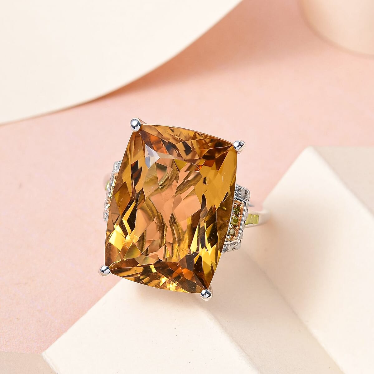 Brazilian Citrine, Yellow and White Diamond Cocktail Ring in Platinum Over Sterling Silver,Statement Ring For Women (Size 8.0) 22.00 ctw image number 1