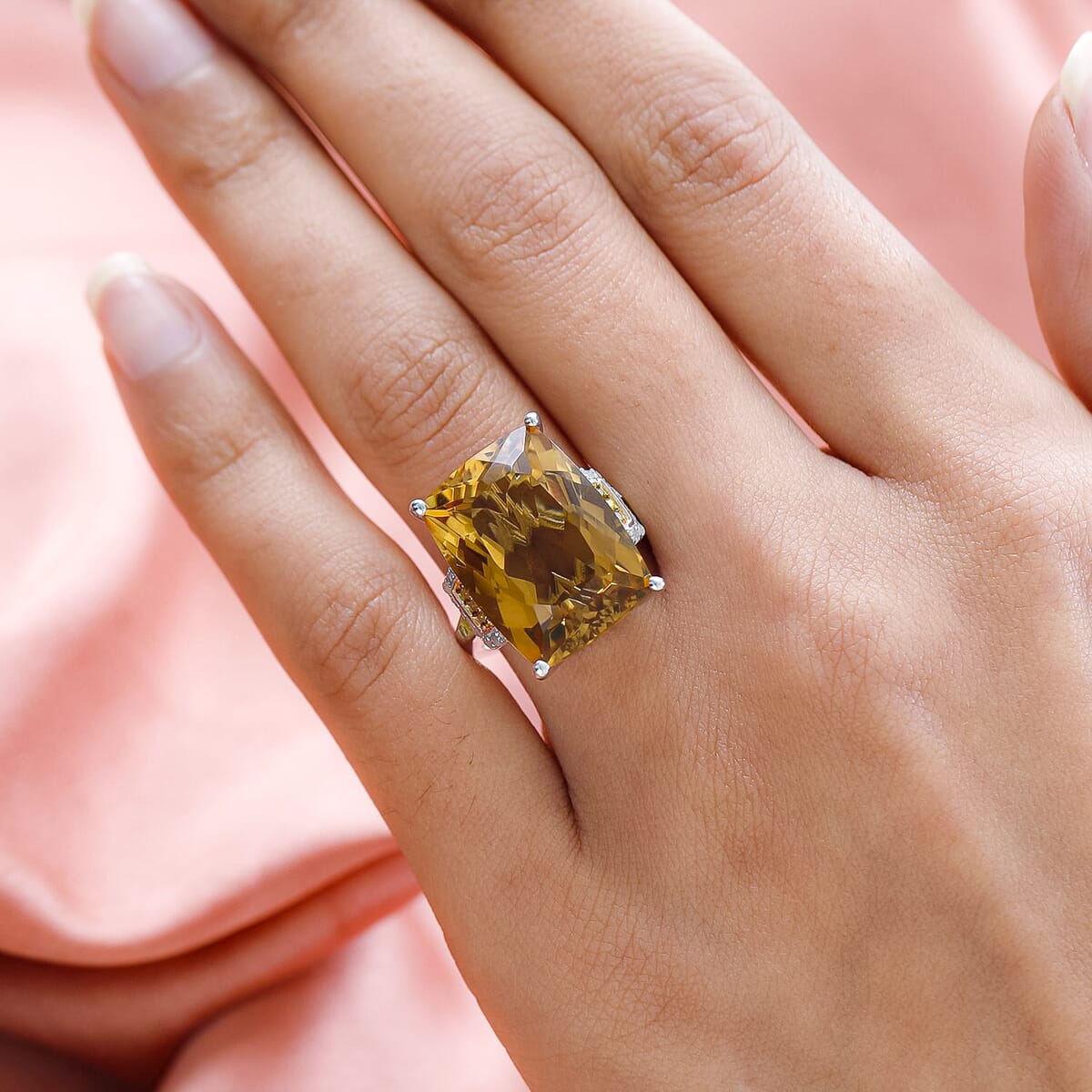 Brazilian Citrine, Yellow and White Diamond Cocktail Ring in Platinum Over Sterling Silver,Statement Ring For Women (Size 8.0) 22.00 ctw image number 2