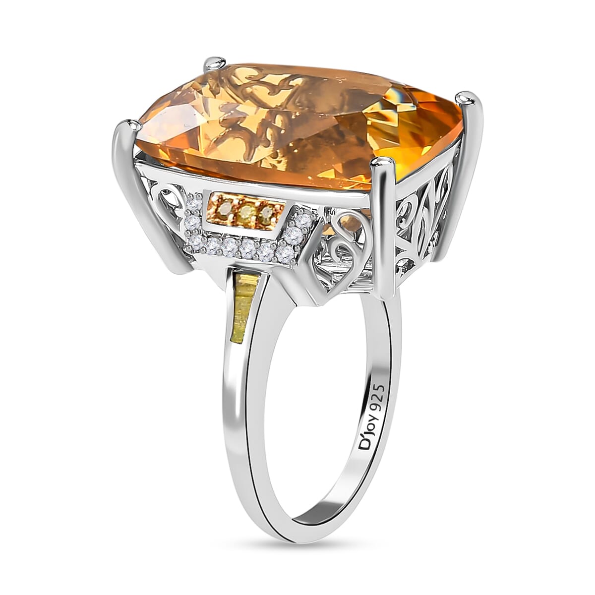 Brazilian Citrine, Yellow and White Diamond Cocktail Ring in Platinum Over Sterling Silver,Statement Ring For Women (Size 8.0) 22.00 ctw image number 3