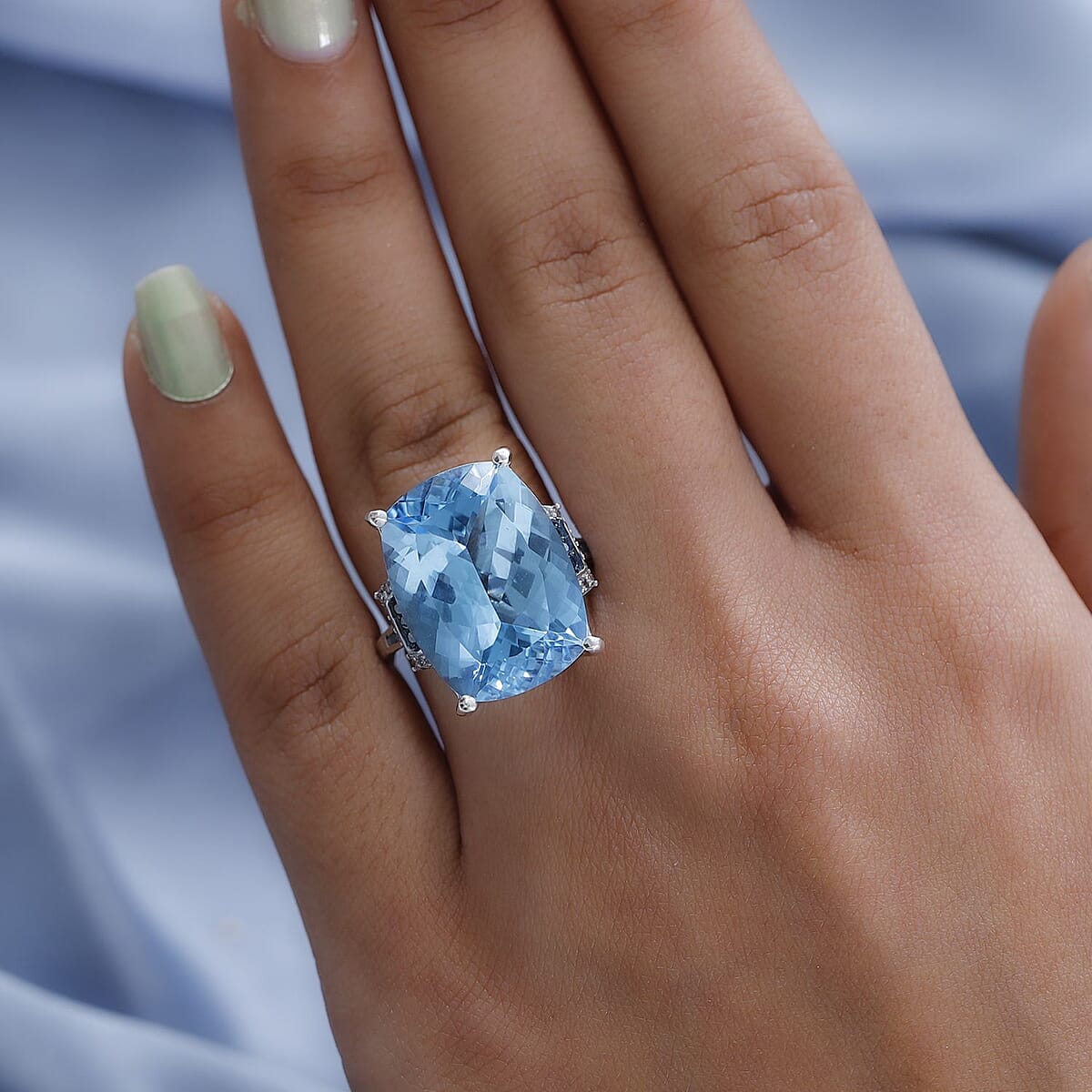 Sky Blue Topaz, Blue and White Diamond Cocktail Ring in Platinum Over Sterling Silver, Statement Ring For Women 24.40 ctw (Size 9.0) image number 2