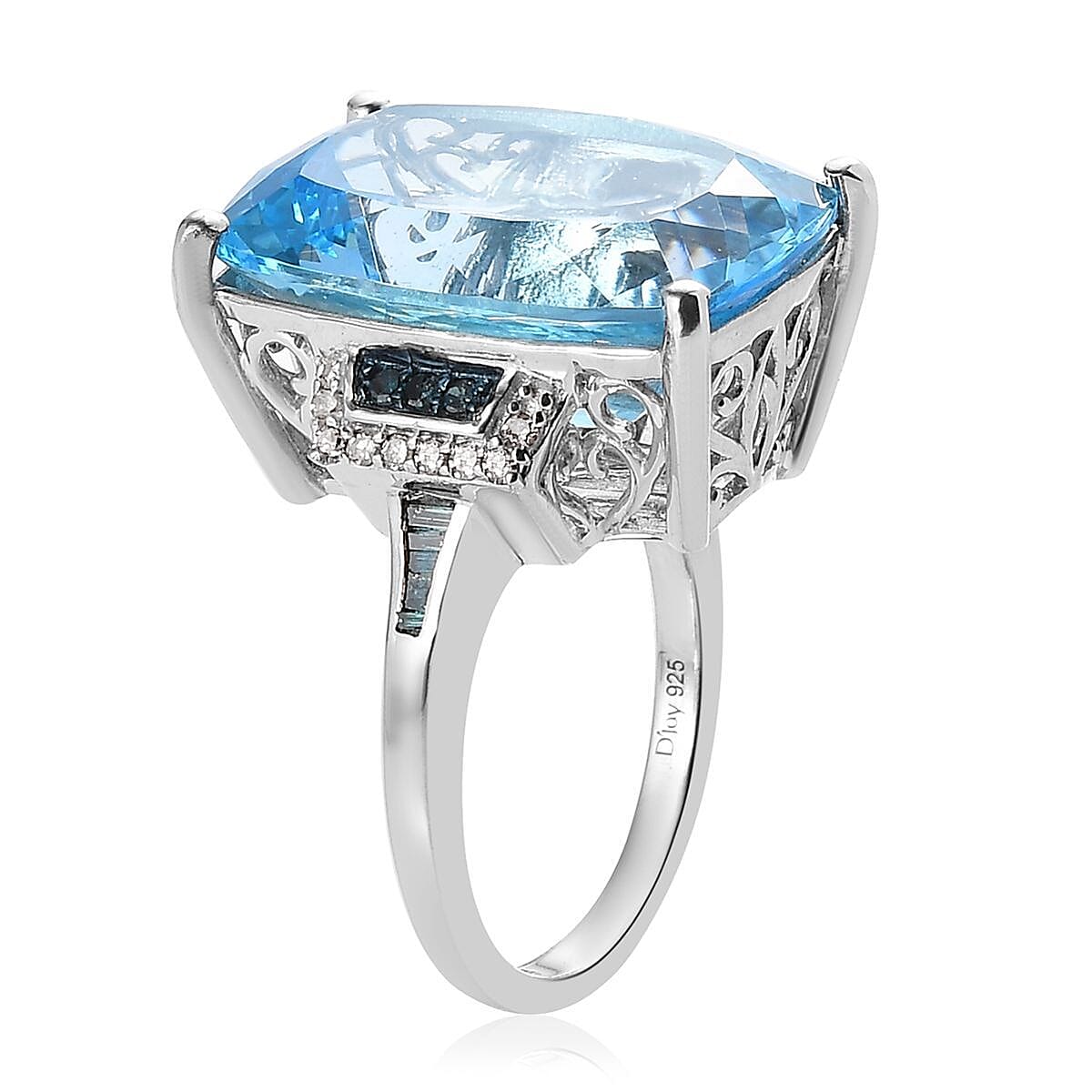 Sky Blue Topaz, Blue and White Diamond Cocktail Ring in Platinum Over Sterling Silver, Statement Ring For Women 24.40 ctw (Size 9.0) image number 3