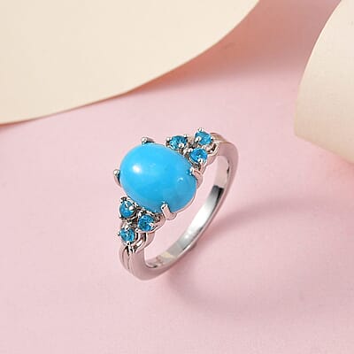 Sleeping Beauty Turquoise and Malgache Neon Apatite Ring in Platinum Over Sterling Silver (Size 10.0) 2.60 ctw