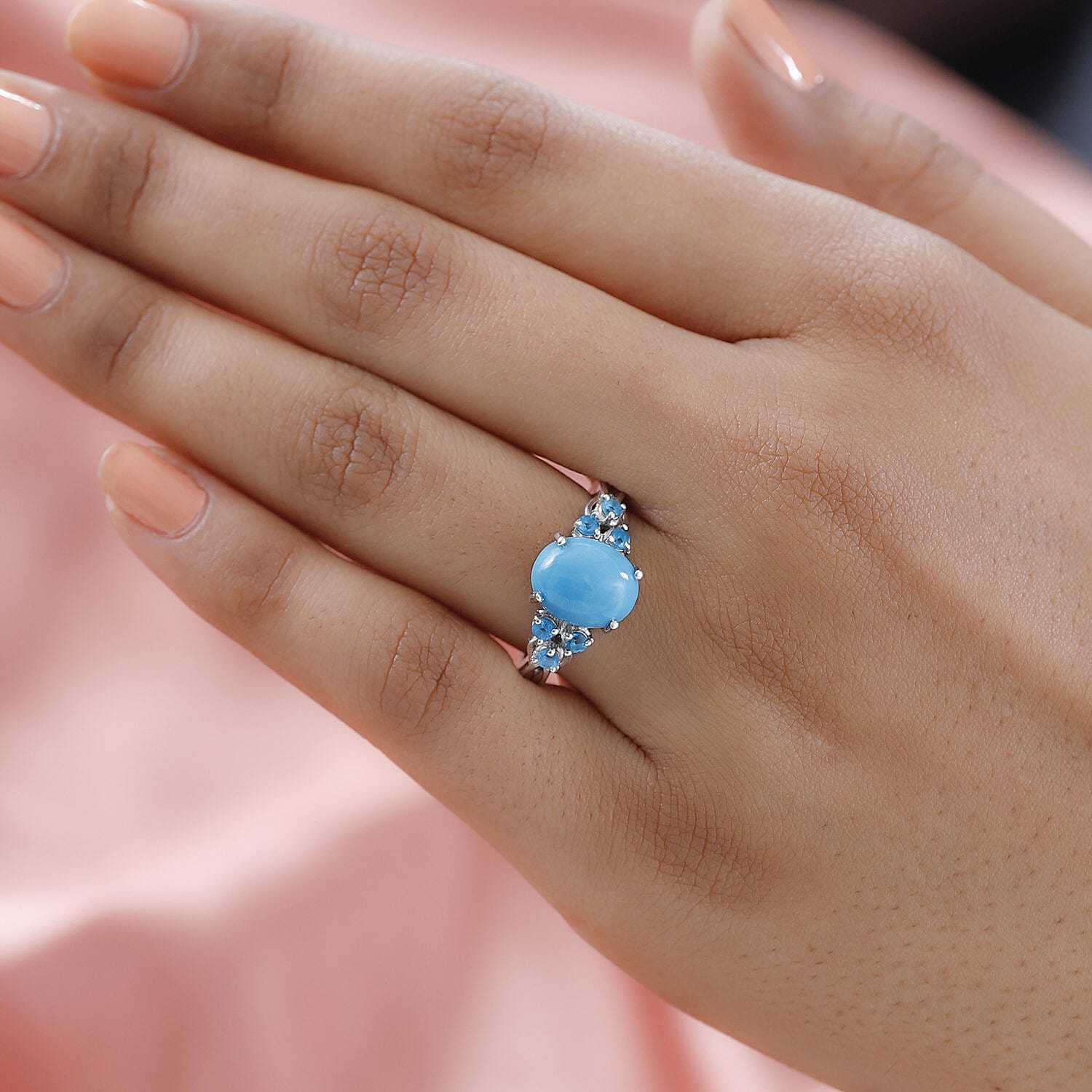 Sleeping Beauty Turquoise and Malgache Neon Apatite Ring in Platinum Over Sterling Silver (Size 6.0) 2.60 ctw