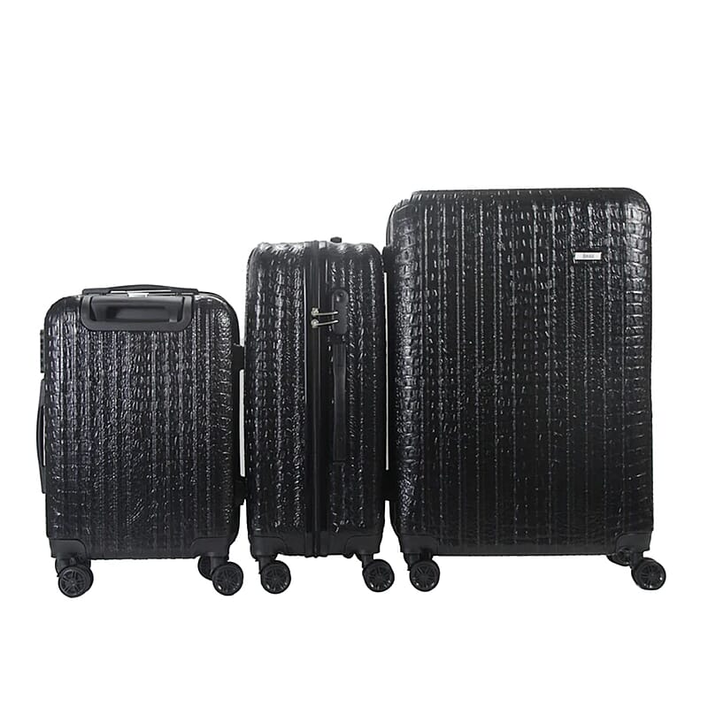 Mirage- Eileen 3 Piece Black Crocodile Embossed Luggage Set with Dual Spinning Wheels and Combo Lock (28, 24, 20)