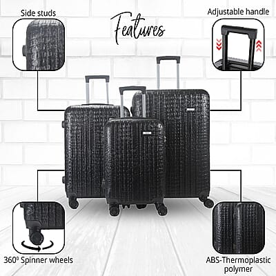 Mirage- Eileen 3 Piece Black Crocodile Embossed Luggage Set with Dual Spinning Wheels and Combo Lock (28, 24, 20)