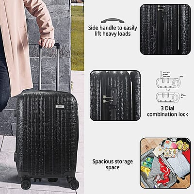Mirage- Eileen 3 Piece Black Crocodile Embossed Luggage Set with Dual Spinning Wheels and Combo Lock (28, 24, 20)