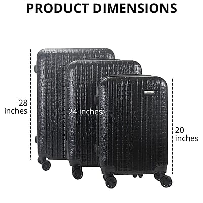 Mirage- Eileen 3 Piece Black Crocodile Embossed Luggage Set with Dual Spinning Wheels and Combo Lock (28, 24, 20)