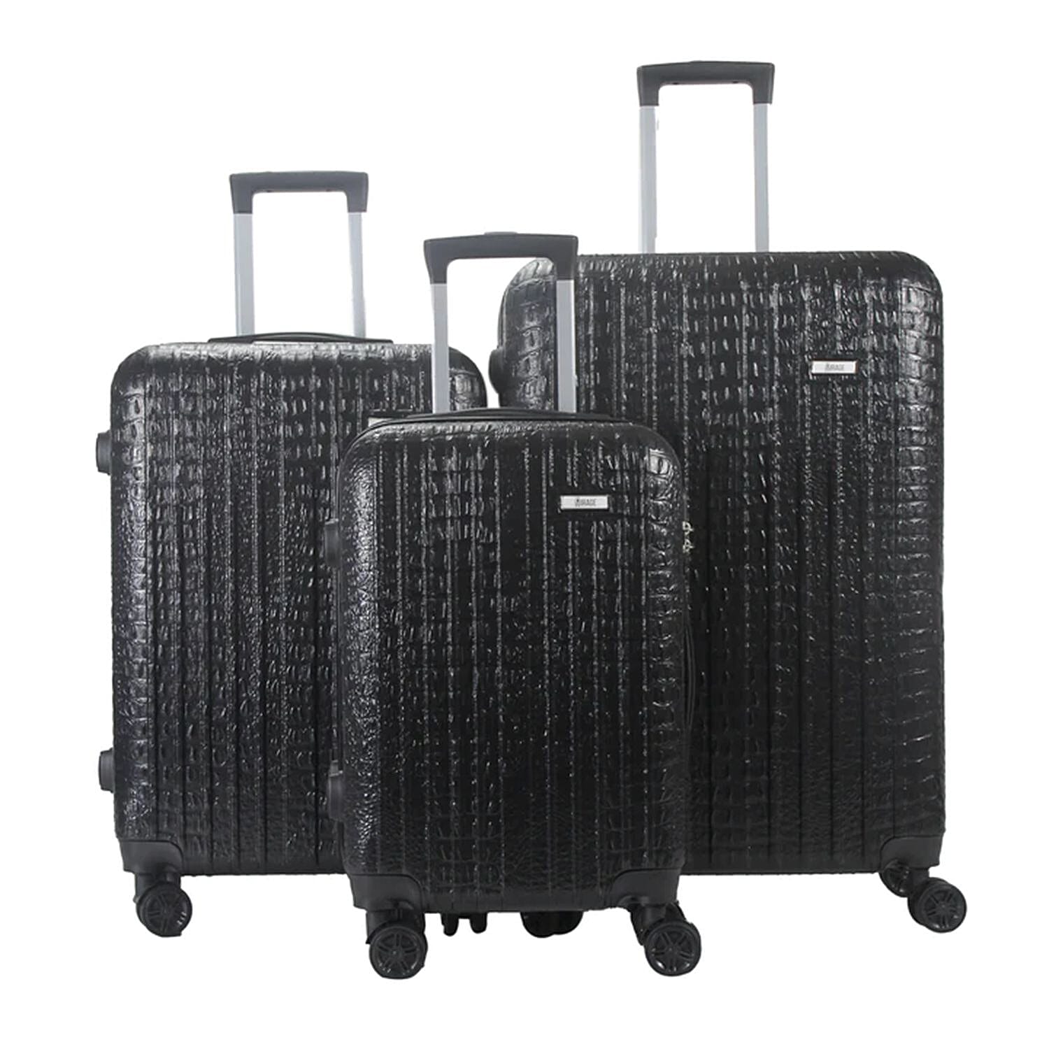 Mirage- Eileen 3 Piece Black Crocodile Embossed Luggage Set with Dual Spinning Wheels and Combo Lock (28, 24, 20)