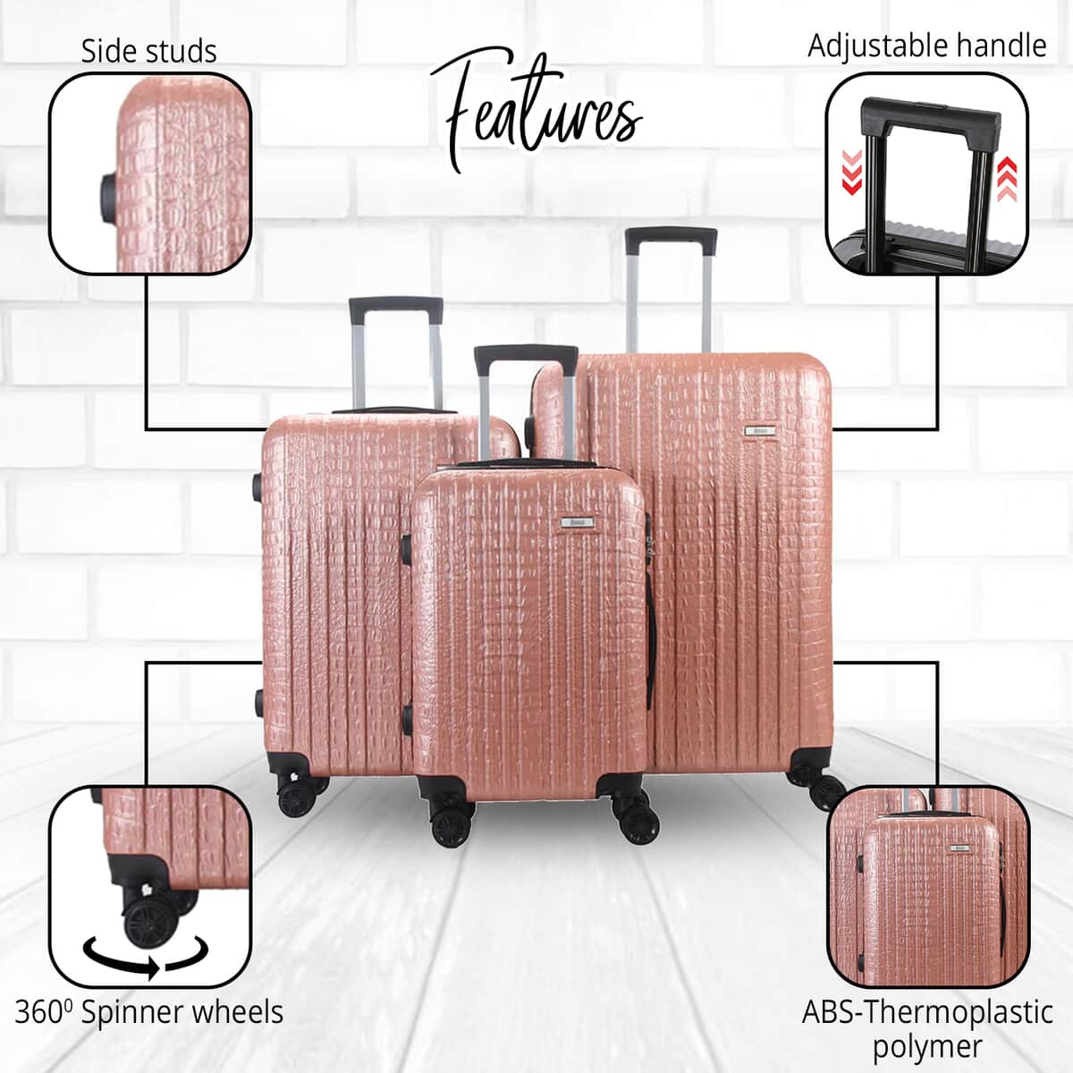 Mirage- Eileen 3 Piece Rose Gold Crocodile Embossed Luggage Set with Dual Spinning Wheels and Combo Lock (28, 24, 20) image number 1