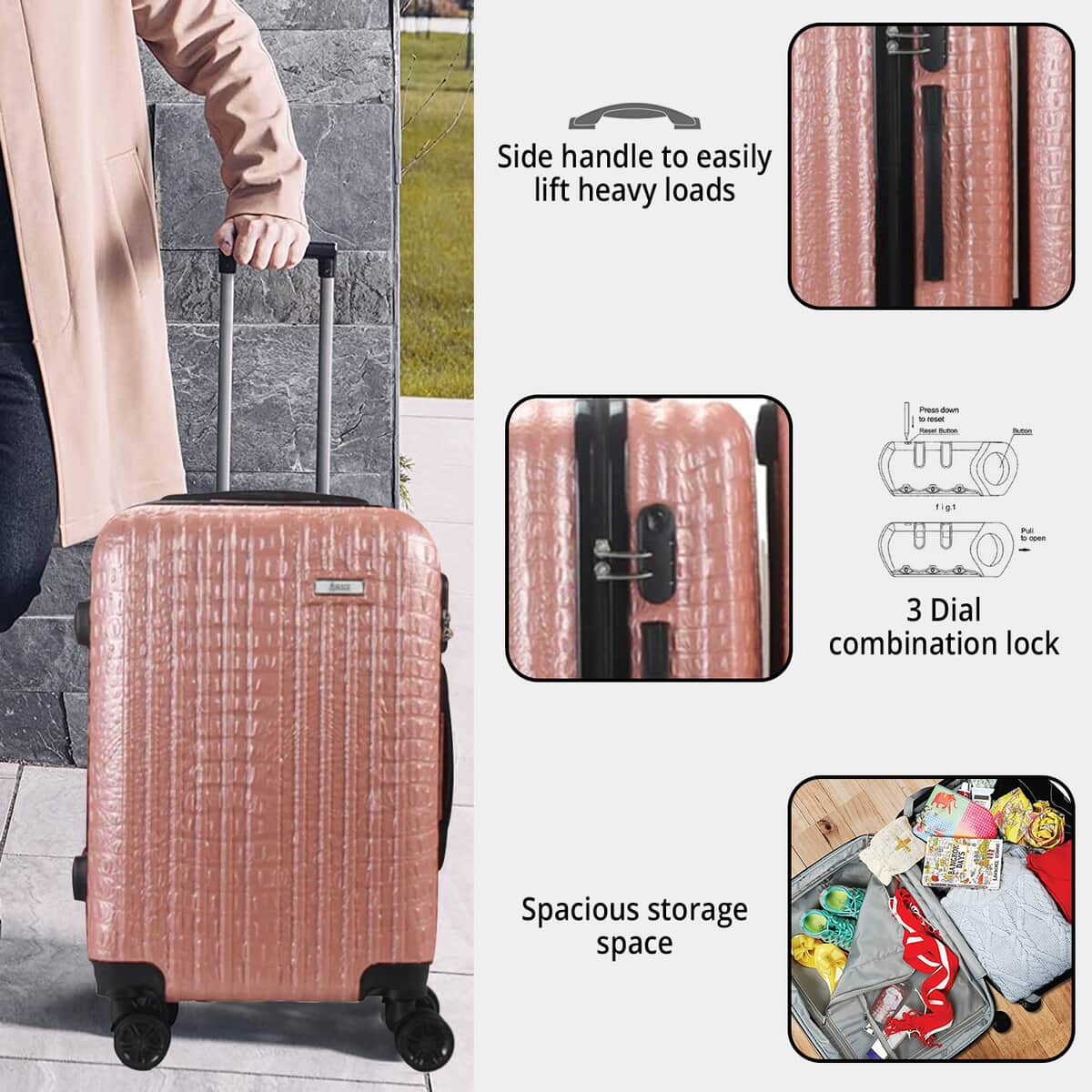 Mirage- Eileen 3 Piece Rose Gold Crocodile Embossed Luggage Set with Dual Spinning Wheels and Combo Lock (28, 24, 20) image number 2