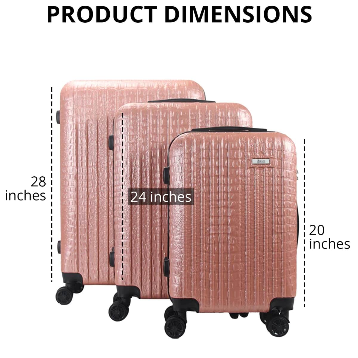 Mirage- Eileen 3 Piece Rose Gold Crocodile Embossed Luggage Set with Dual Spinning Wheels and Combo Lock (28, 24, 20) image number 3