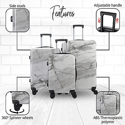 Mirage-Tanya 3 Piece White Marble Luggage Set with 360 Dual Spinning Wheels and Combo Lock