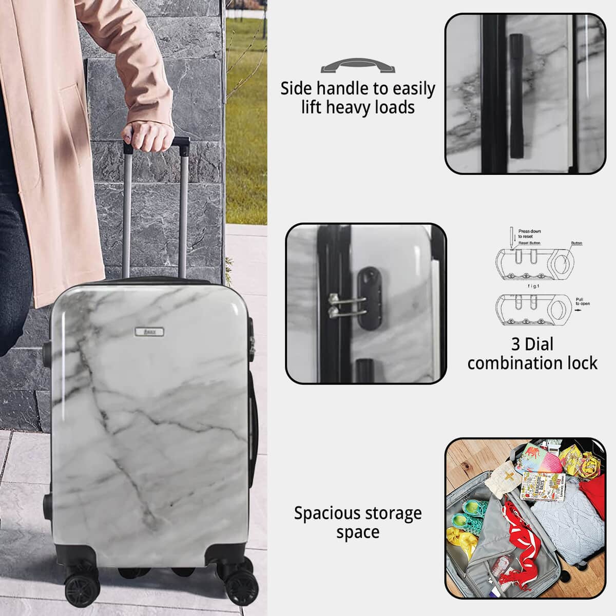 Mirage-Tanya 3 Piece White Marble Luggage Set with 360 Dual Spinning Wheels and Combo Lock image number 2
