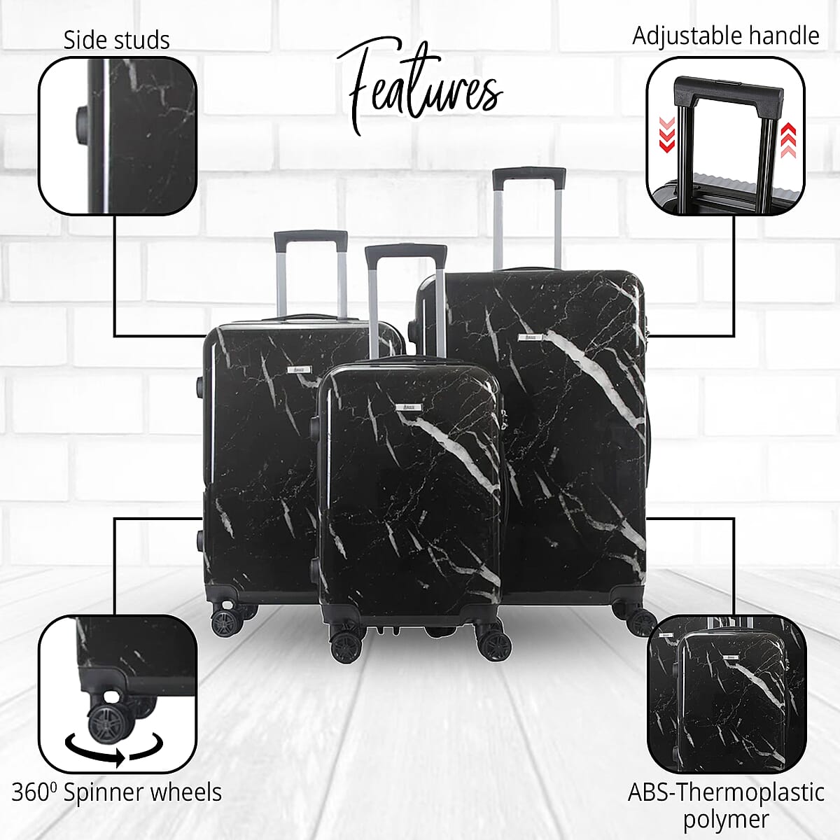 Mirage-Tanya 3 Piece BlackMarble Luggage Set with 360 Dual Spinning Wheels and Combo Lock image number 1