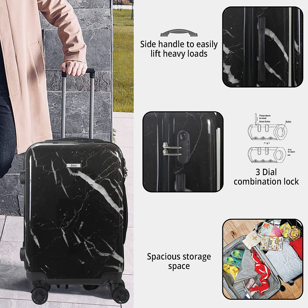 Mirage-Tanya 3 Piece BlackMarble Luggage Set with 360 Dual Spinning Wheels and Combo Lock image number 2