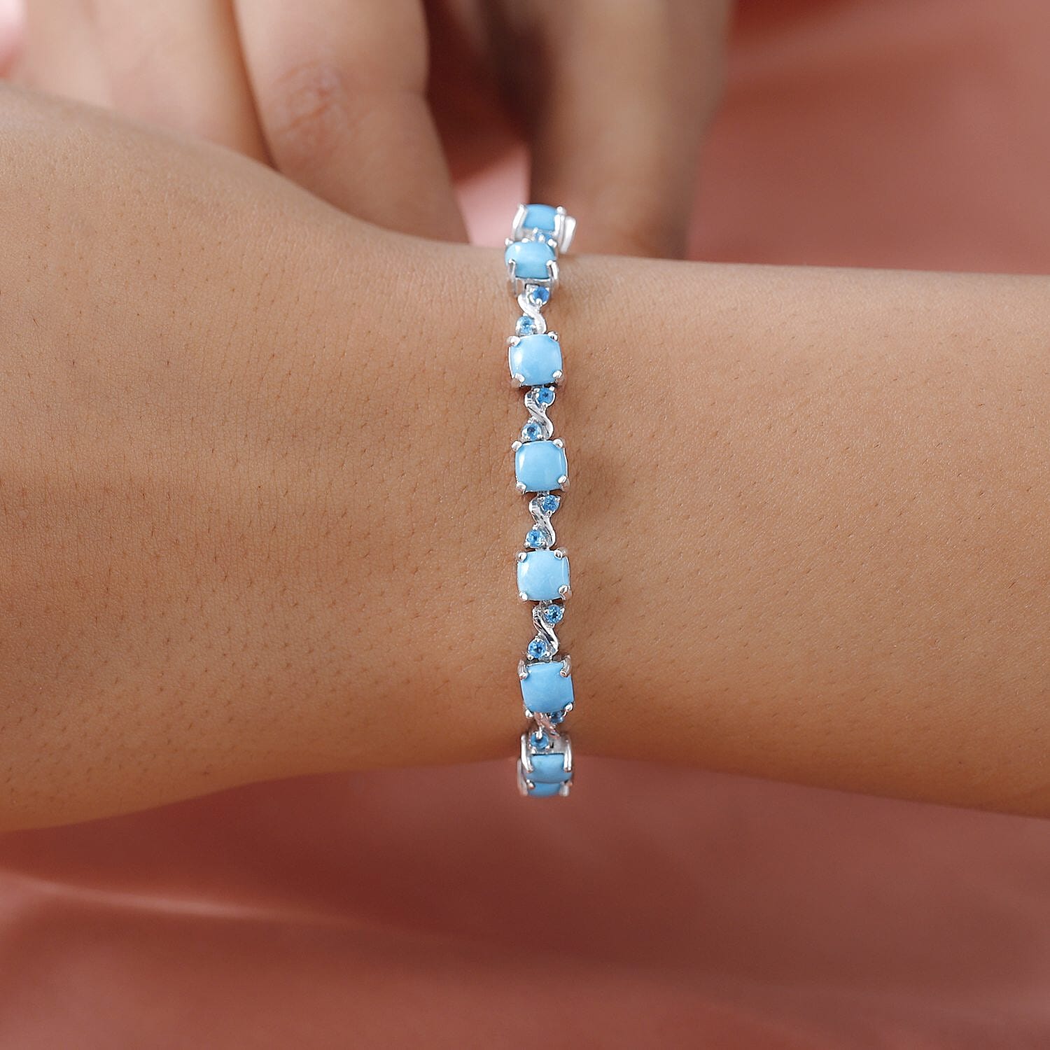 Sleeping Beauty Turquoise and Malgache Neon Apatite Bracelet in Platinum Over Sterling Silver (7.25 In) 8.90 ctw