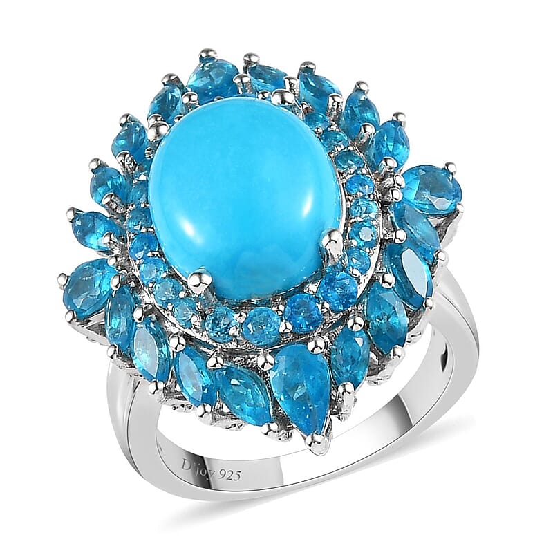 Sleeping Beauty Turquoise and Malgache Neon Apatite Ring in Platinum Over Sterling Silver (Size 10.0) 7.10 Grams 6.75 ctw