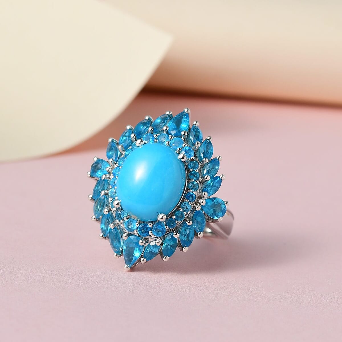 American Natural Sleeping Beauty Turquoise and Malgache Neon Apatite Ring in Platinum Over Sterling Silver 7.10 Grams 6.75 ctw image number 1