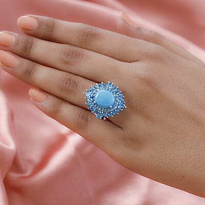 Sleeping Beauty Turquoise and Malgache Neon Apatite Ring in Platinum Over Sterling Silver (Size 10.0) 7.10 Grams 6.75 ctw