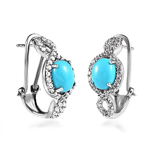 Sleeping Beauty Turquoise and Natural White Zircon Omega Clip Earrings in Platinum Over Sterling Silver 5.60 ctw