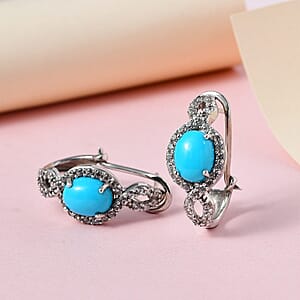 Sleeping Beauty Turquoise and Natural White Zircon Omega Clip Earrings in Platinum Over Sterling Silver 5.60 ctw
