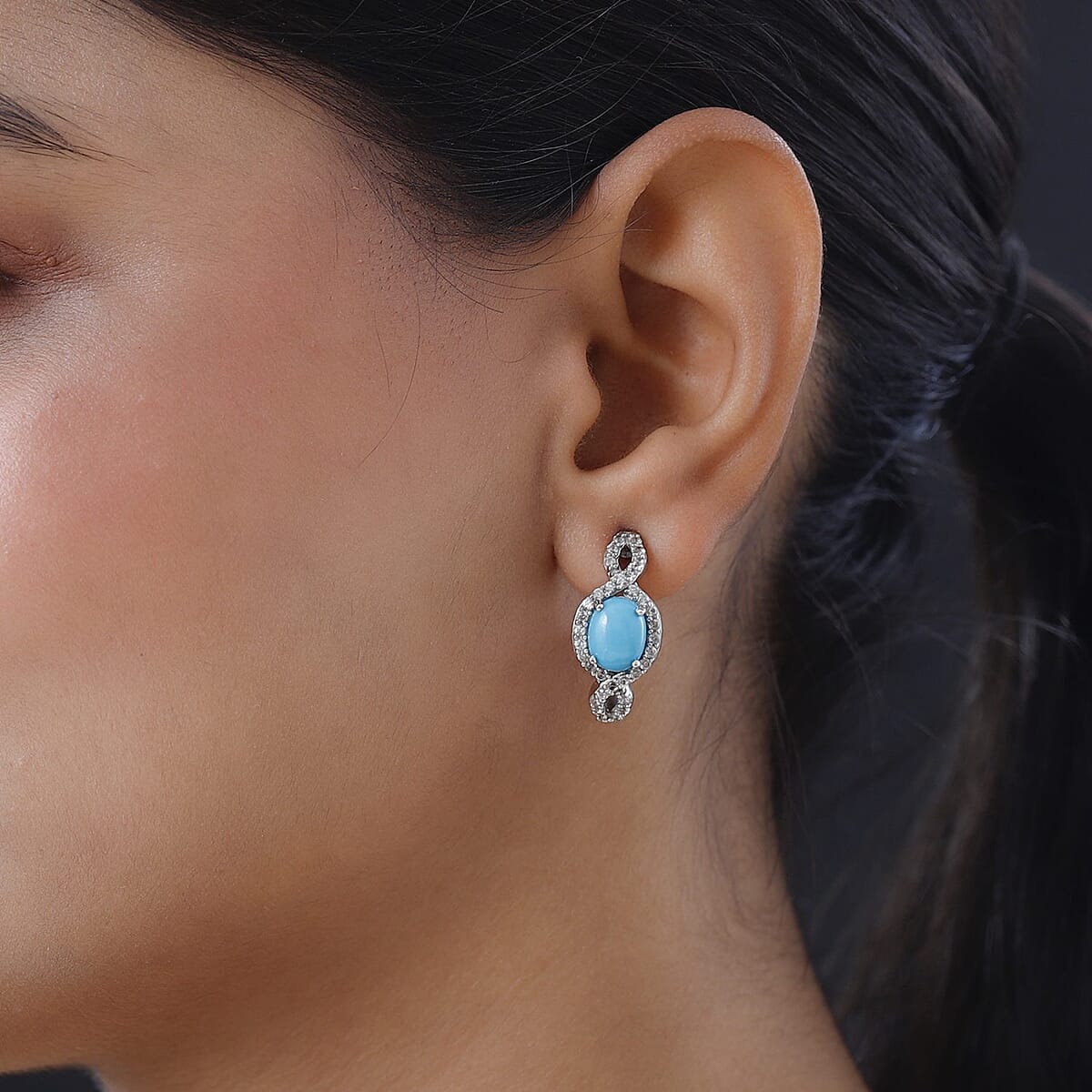 Sleeping Beauty Turquoise and Natural White Zircon Omega Clip Earrings in Platinum Over Sterling Silver 5.60 ctw image number 2