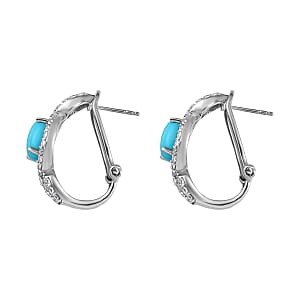 Sleeping Beauty Turquoise and Natural White Zircon Omega Clip Earrings in Platinum Over Sterling Silver 5.60 ctw