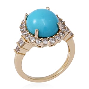 Luxoro 10K Yellow Gold AAA Sleeping Beauty Turquoise and White Zircon Halo Ring (Size 6.5) 5.65 ctw