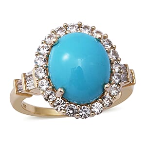 Luxoro 10K Yellow Gold AAA Sleeping Beauty Turquoise and White Zircon Halo Ring (Size 9.5) 5.65 ctw