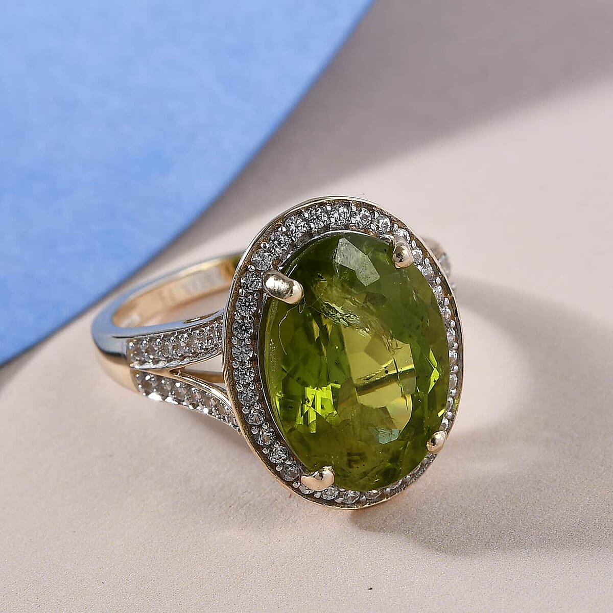 Luxoro 10K Yellow Gold Premium Peridot and White Zircon Halo Ring (Size 9.5) 7.50 ctw image number 1