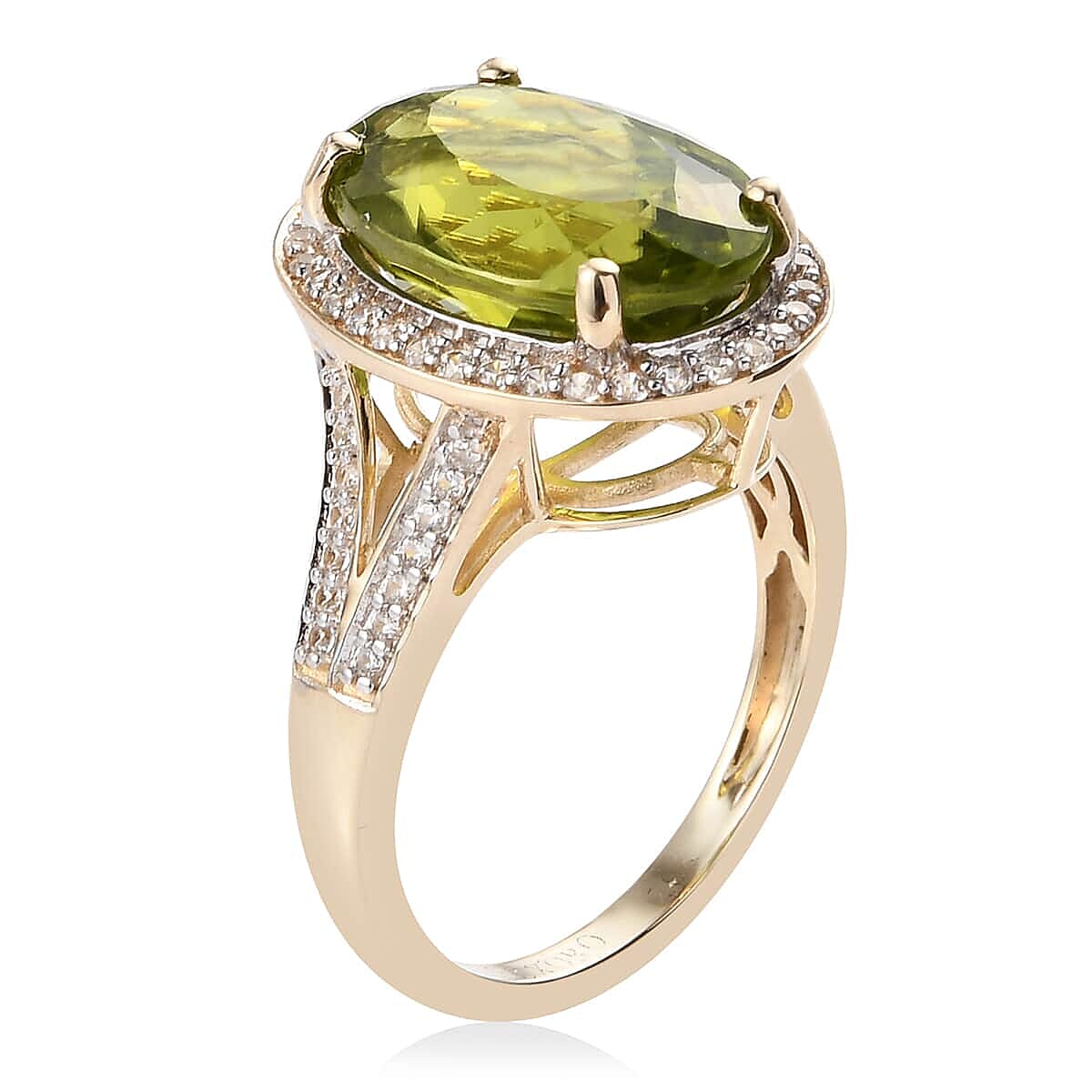 Luxoro 10K Yellow Gold Premium Peridot and White Zircon Halo Ring (Size 9.5) 7.50 ctw image number 3