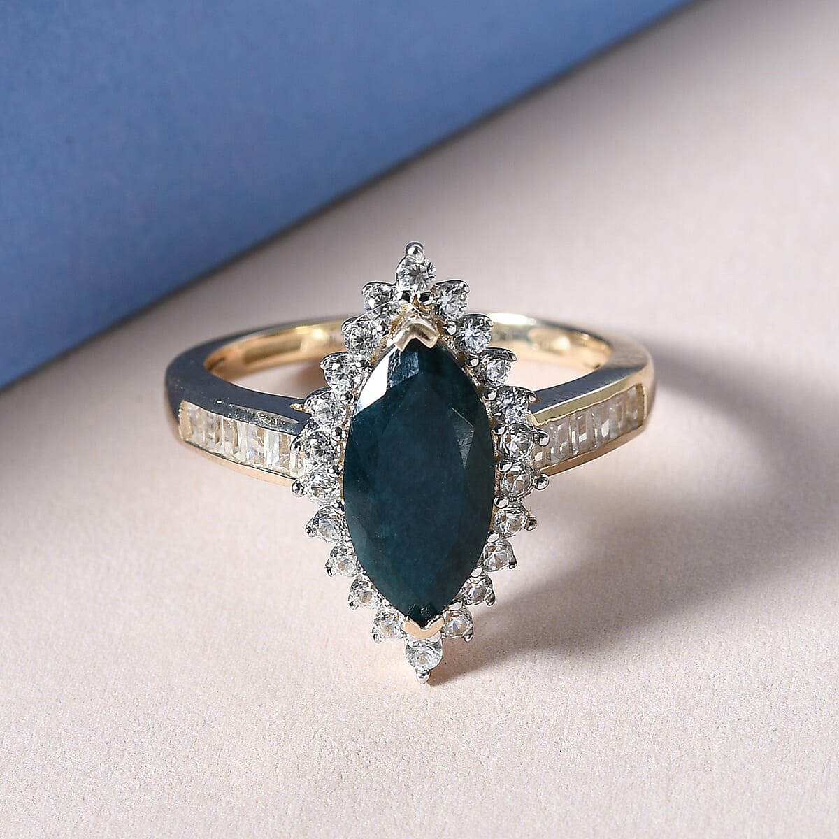 Luxoro 10K Yellow Gold AAA Teal Grandidierite and White Zircon Halo Ring (Size 7.5) 2.65 ctw image number 1