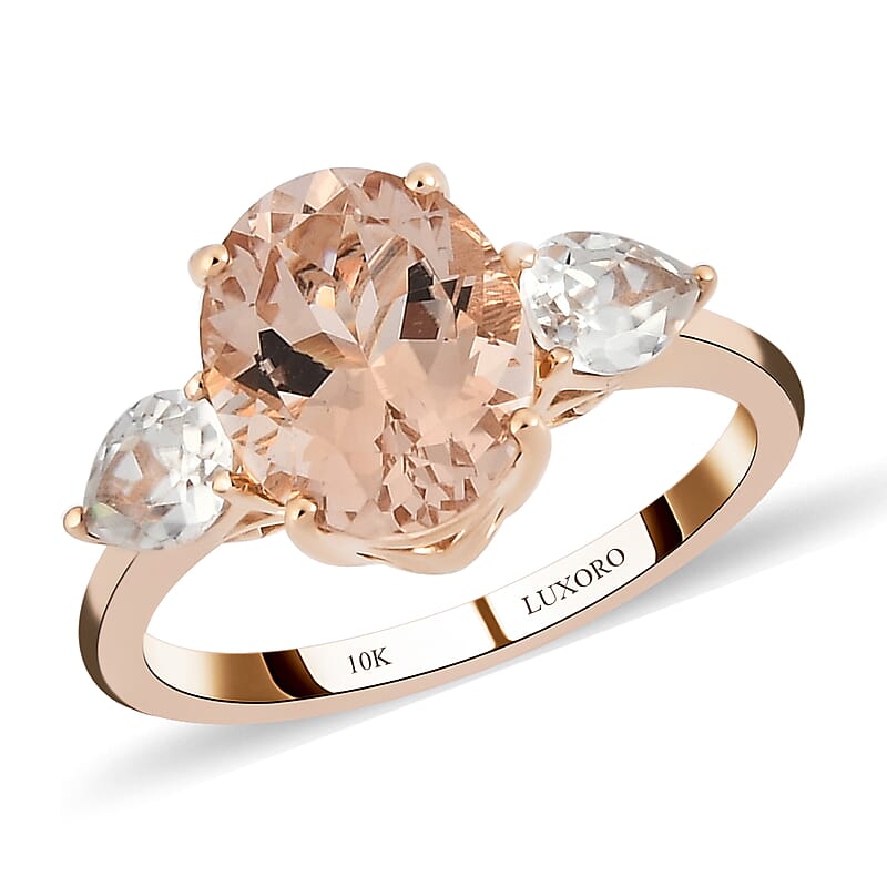 Luxoro 10K Rose Gold Premium Marropino Morganite and Natural White Zircon 3 Stone Ring (Size 5.5) 2.30 Grams 3.00 ctw