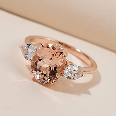 Luxoro 10K Rose Gold Premium Marropino Morganite and Natural White Zircon 3 Stone Ring (Size 5.5) 2.30 Grams 3.00 ctw