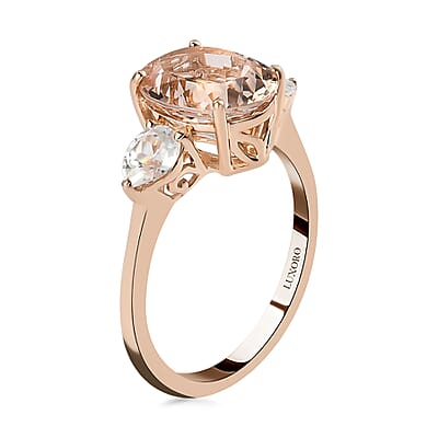 Luxoro 10K Rose Gold Premium Marropino Morganite and Natural White Zircon 3 Stone Ring (Size 5.5) 2.30 Grams 3.00 ctw