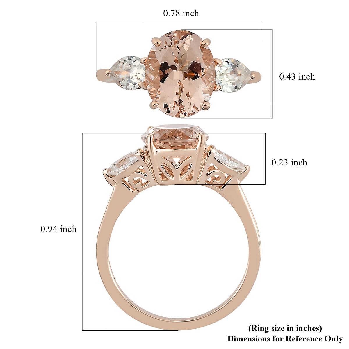 Luxoro 10K Rose Gold Premium Marropino Morganite and Natural White Zircon 3 Stone Ring (Size 5.5) 2.30 Grams 3.00 ctw