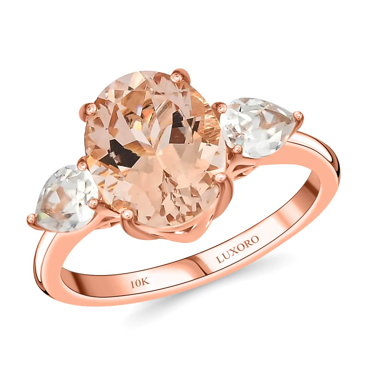 Luxoro 10K Rose Gold Premium Marropino Morganite and Natural White Zircon 3 Stone Ring (Size 6.5) 2.30 Grams 3.00 ctw image number 0