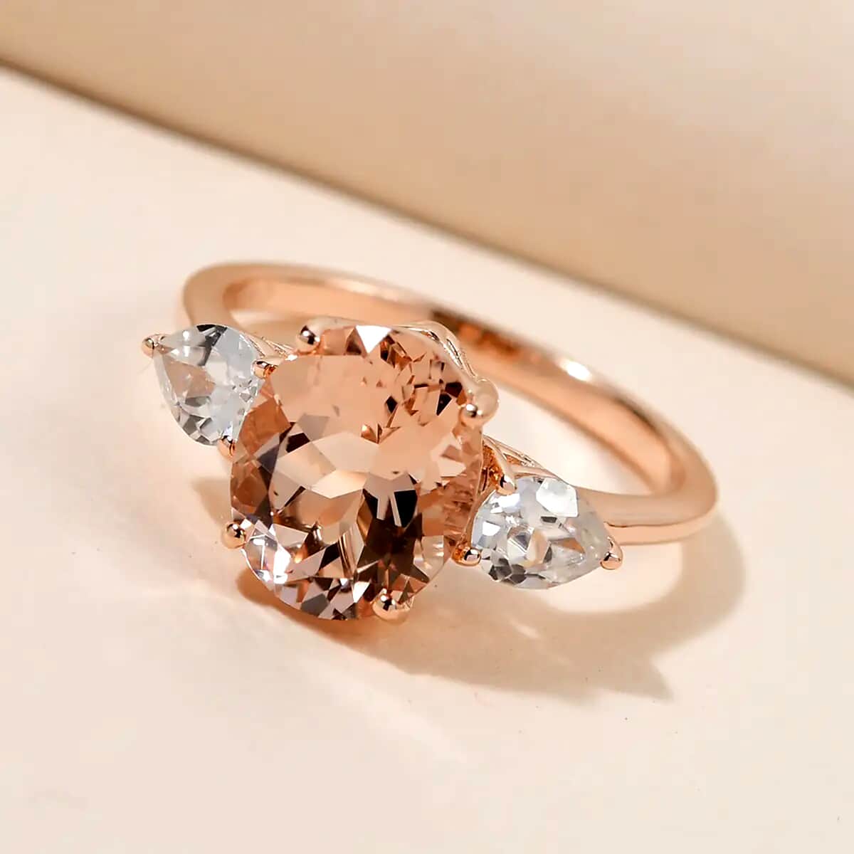 Luxoro 10K Rose Gold Premium Marropino Morganite and Natural White Zircon 3 Stone Ring (Size 6.5) 2.30 Grams 3.00 ctw image number 1