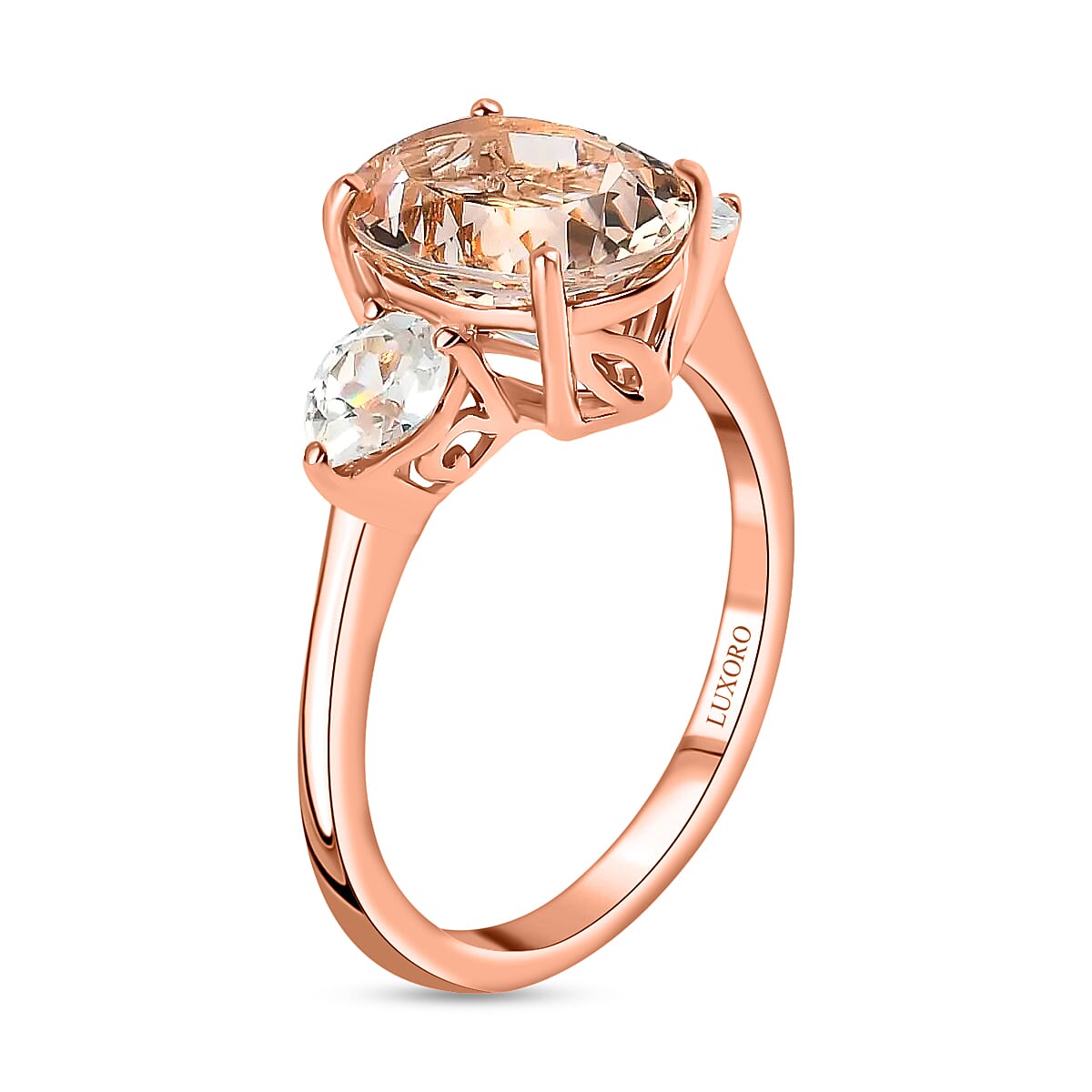 Luxoro 10K Rose Gold Premium Marropino Morganite and Natural White Zircon 3 Stone Ring (Size 6.5) 2.30 Grams 3.00 ctw