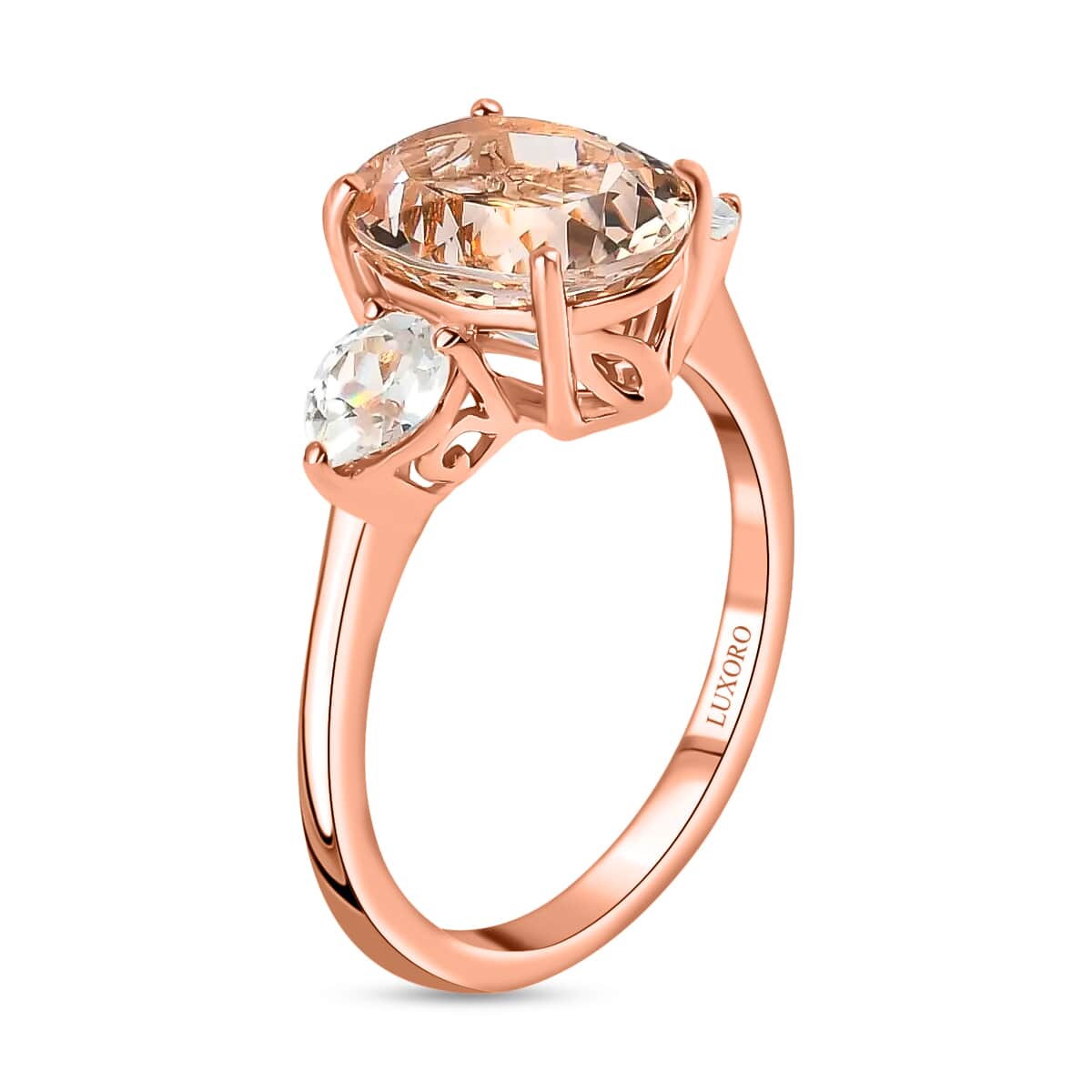 Luxoro 10K Rose Gold Premium Marropino Morganite and Natural White Zircon 3 Stone Ring (Size 6.5) 2.30 Grams 3.00 ctw image number 3