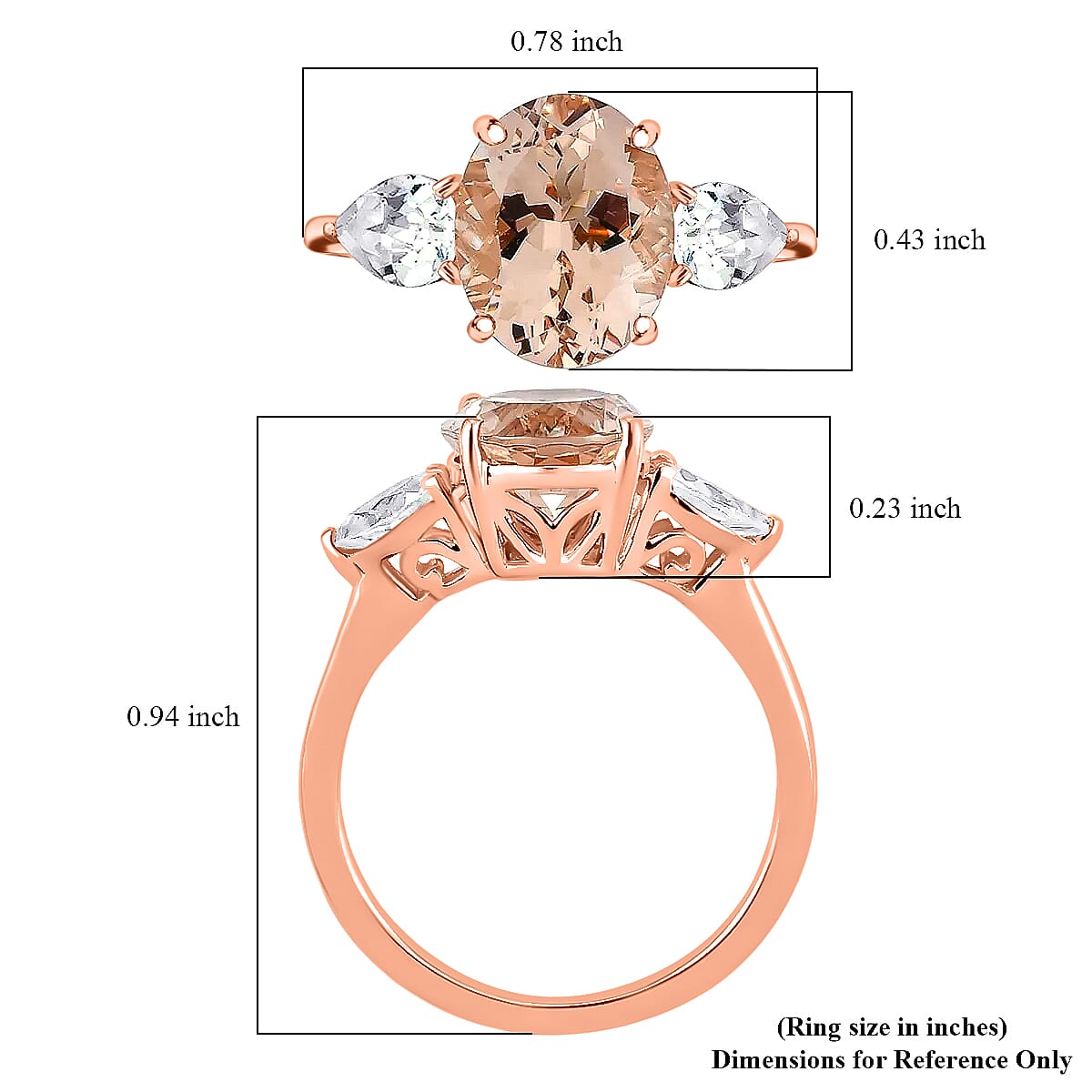 Luxoro 10K Rose Gold Premium Marropino Morganite and Natural White Zircon 3 Stone Ring (Size 6.5) 2.30 Grams 3.00 ctw