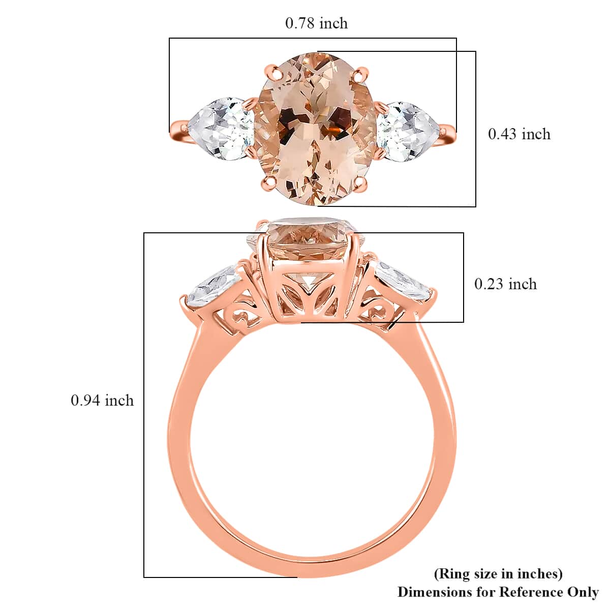 Luxoro 10K Rose Gold Premium Marropino Morganite and Natural White Zircon 3 Stone Ring (Size 6.5) 2.30 Grams 3.00 ctw image number 5