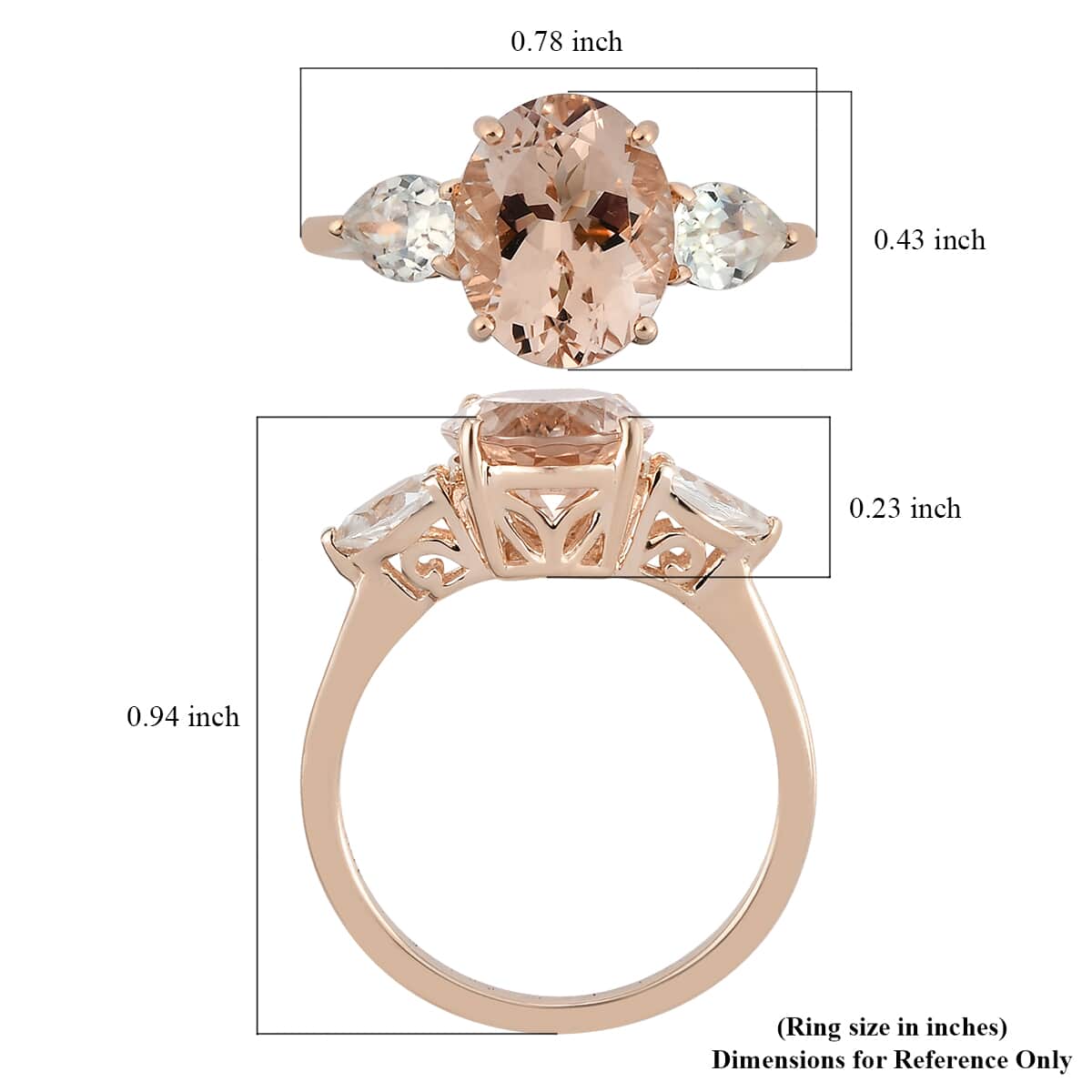 Luxoro 10K Rose Gold Premium Marropino Morganite and Natural White Zircon 3 Stone Ring (Size 6.5) 2.30 Grams 3.00 ctw image number 6