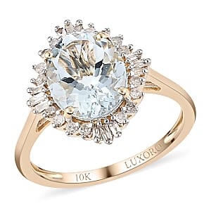 Luxoro 10K Yellow Gold AAA Espirito Santo Aquamarine and G-H I3 Diamond Halo Ring (Size 9.5) 2.50 ctw