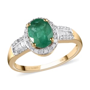 Luxoro 10K Yellow Gold AAA Kagem Zambian Emerald and Diamond Halo Ring (Size 5.5) 1.50 ctw