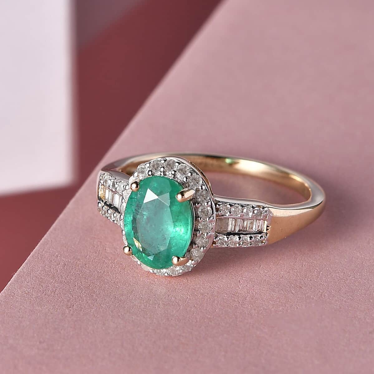 Luxoro 10K Yellow Gold AAA Kagem Zambian Emerald and Diamond Halo Ring (Size 5.5) 1.50 ctw image number 1