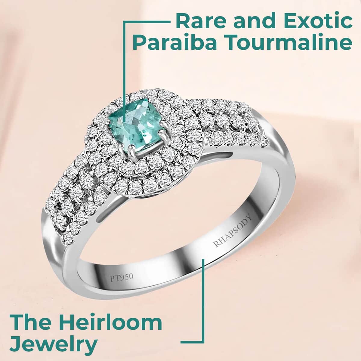 Certified Rhapsody AAAA Paraiba Tourmaline and Diamond 0.75 ctw Accent Ring, Double Halo Ring, Diamond Double Halo Ring, Tourmaline Halo Ring, 950 Platinum Ring (Size 9.0) image number 1