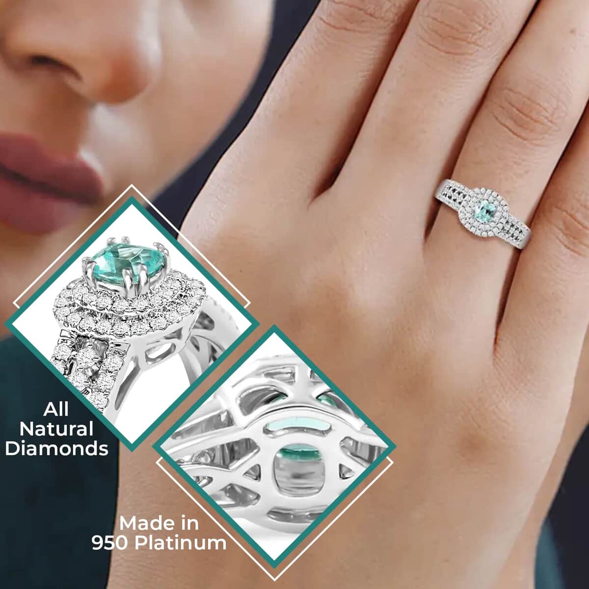 Certified Rhapsody AAAA Paraiba Tourmaline and Diamond 0.75 ctw Accent Ring, Double Halo Ring, Diamond Double Halo Ring, Tourmaline Halo Ring, 950 Platinum Ring (Size 9.0) image number 2