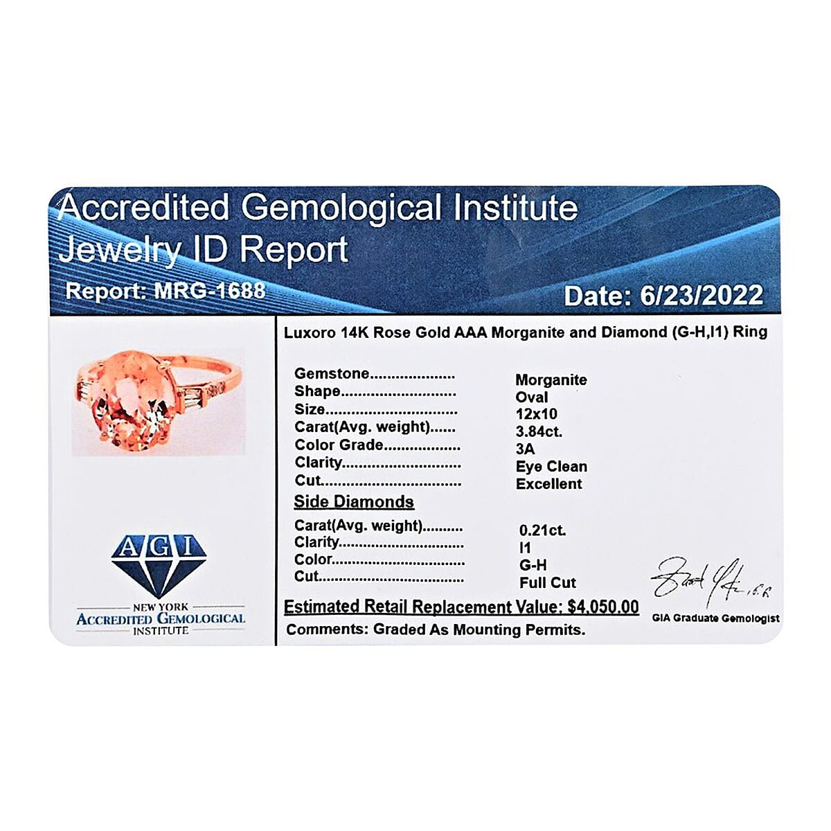 Ankur Treasure Chest Certified and Appraised Luxoro 14K Rose Gold AAA Marropino Morganite and G-H I1 Diamond Ring (Size 5.5) 4.05 ctw image number 6